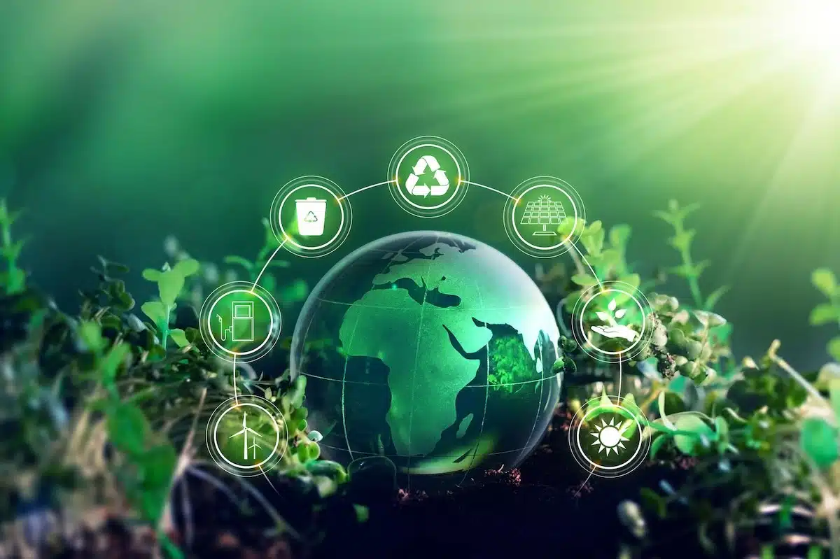 Eine digitale Illustration der Erde als grüne Glaskugel, eingebettet in frische Pflanzen. Um den Globus sind Icons für Nachhaltigkeit wie Recycling, Solarenergie und Windkraft angeordnet. Das Bild unterstreicht die positiven Auswirkungen eines Rauchstopps mit Asmoken auf die globale Umwelt und den ökologischen Fußabdruck.