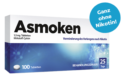 Produktverpackung von Asmoken 1,5 mg Tabletten mit dem pflanzlichen Wirkstoff Cytisin zur Verminderung des Verlangens nach Nikotin. Die Packung enthält 100 Tabletten für eine Behandlungsdauer von 25 Tagen und trägt den auffälligen Hinweis ‚Ganz ohne Nikotin!‘ auf einem blauen Kreis.