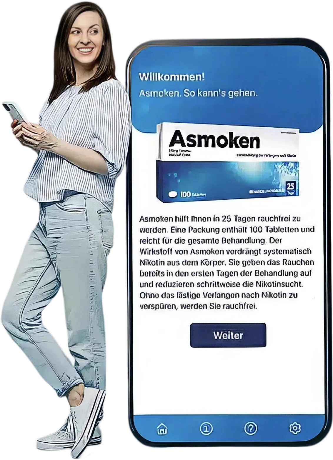 Freigestellte junge Frau mit Smartphone neben einem großen Display, das die Asmoken-App zeigt. Der Text erklärt die 25-tägige Behandlung mit 100 Tabletten zur systematischen Reduktion der Nikotinsucht.