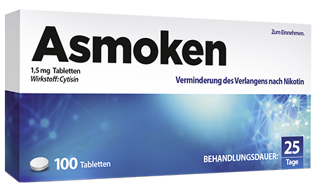 Produktverpackung von Asmoken 1,5 mg Tabletten mit dem Wirkstoff Cytisin. Die Packung enthält 100 Tabletten für eine Behandlungsdauer von 25 Tagen zur Verminderung des Verlangens nach Nikotin.