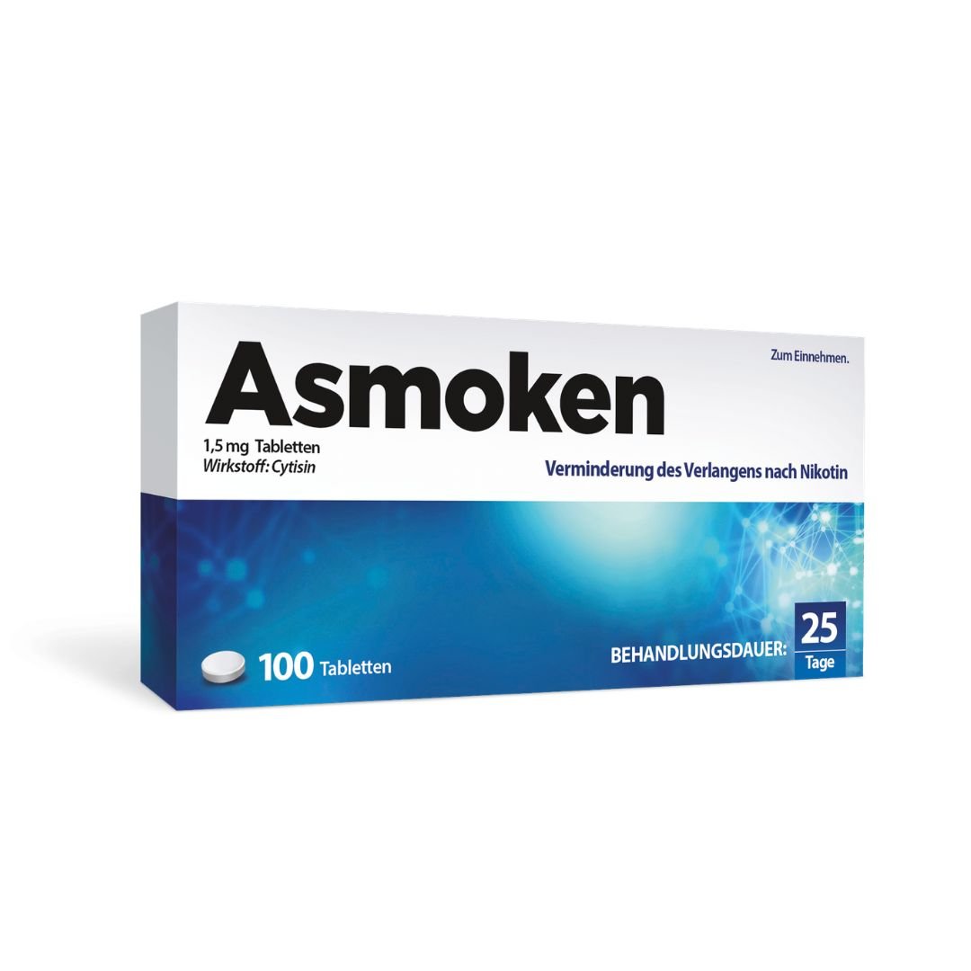 Packshot der Asmoken-Faltschachtel: 100 Tabletten à 1,5 mg mit dem Wirkstoff Cytisin für eine Behandlungsdauer von 25 Tagen zur Verminderung des Verlangens nach Nikotin.