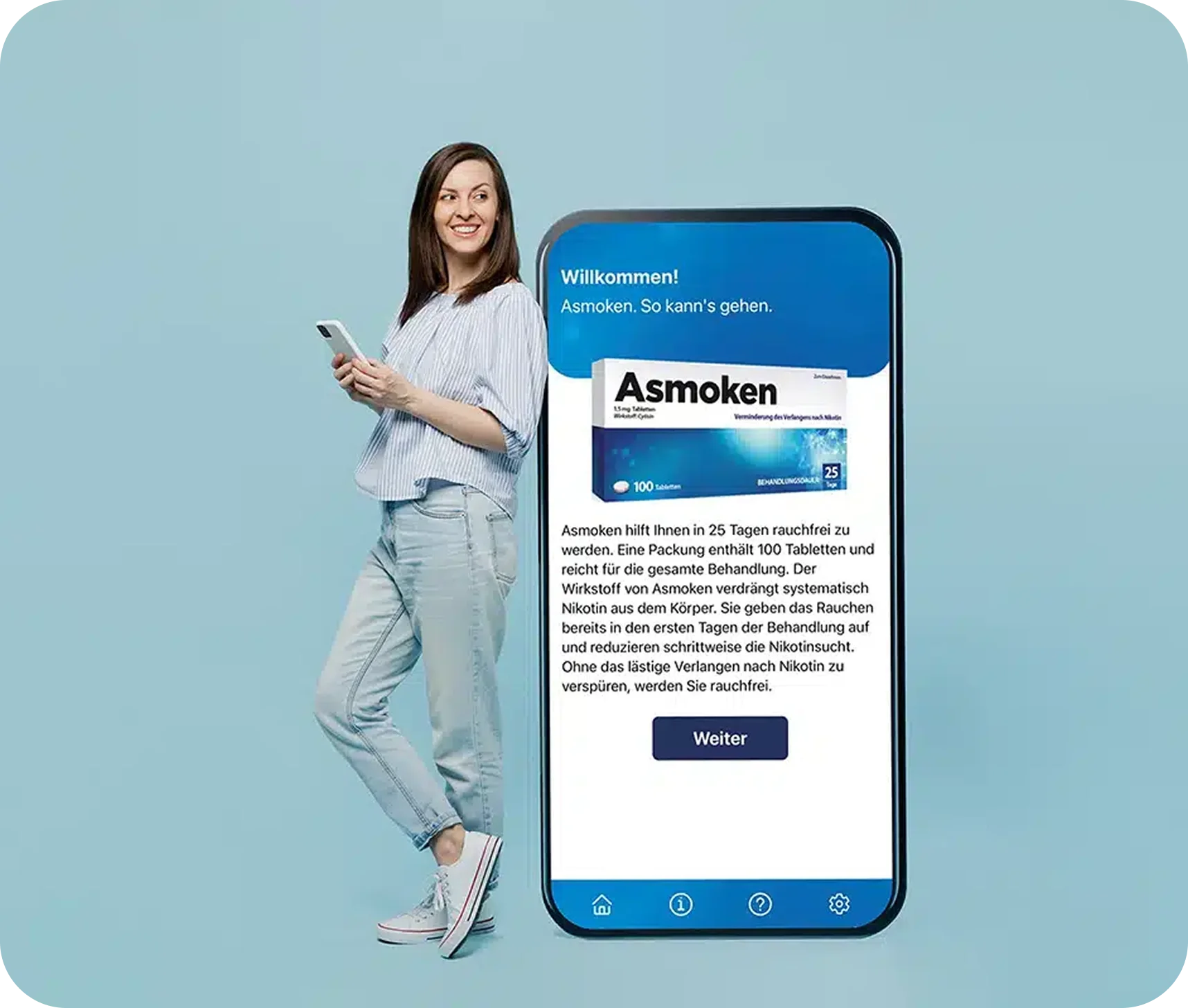 Lifestyle-Aufnahme: Eine lächelnde junge Frau lehnt an einem übergroßen Smartphone, das die Willkommensseite der Asmoken-App zeigt. Die Anzeige informiert über die 25-tägige rauchfreie Behandlung und die Wirkungsweise von Asmoken.