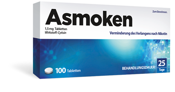 „Produktverpackung von Asmoken 1,5 mg Tabletten mit dem Wirkstoff Cytisin zur Verminderung des Verlangens nach Nikotin. Die Packung enthält 100 Tabletten für eine Behandlungsdauer von 25 Tagen.